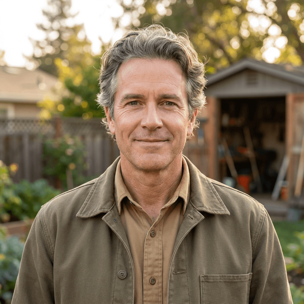 Male homeowner in his 40s near a mini excavator