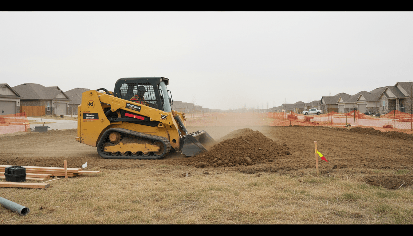 Skid steer loader maneuvering on a construction site with a bucket attachment