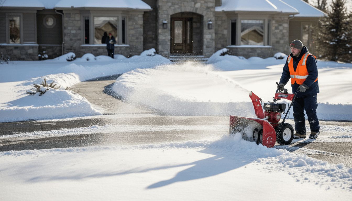 snow plow truck clearing snow from residential driveway in winter