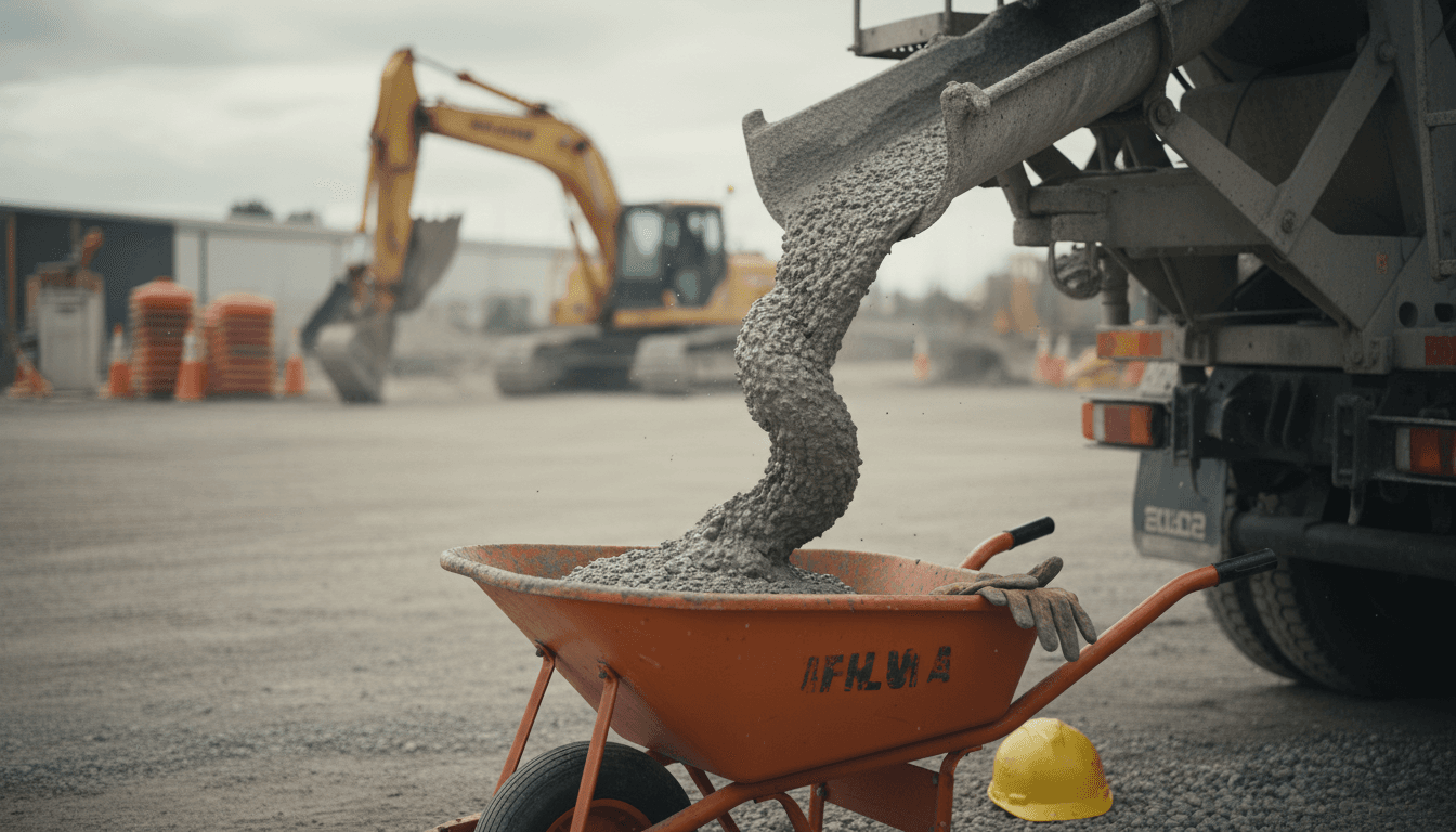 Gas-powered concrete mixer being used on a residential construction site