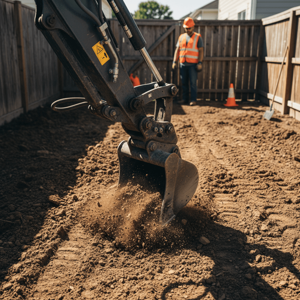 row of yellow compact excavators and skid steers on a gravel rental lot