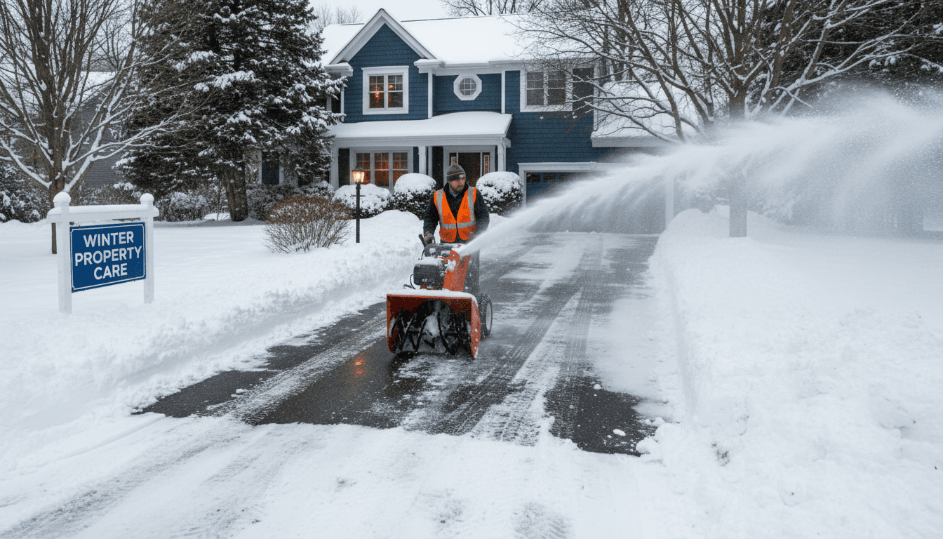 Snow plow clearing residential driveway in winter