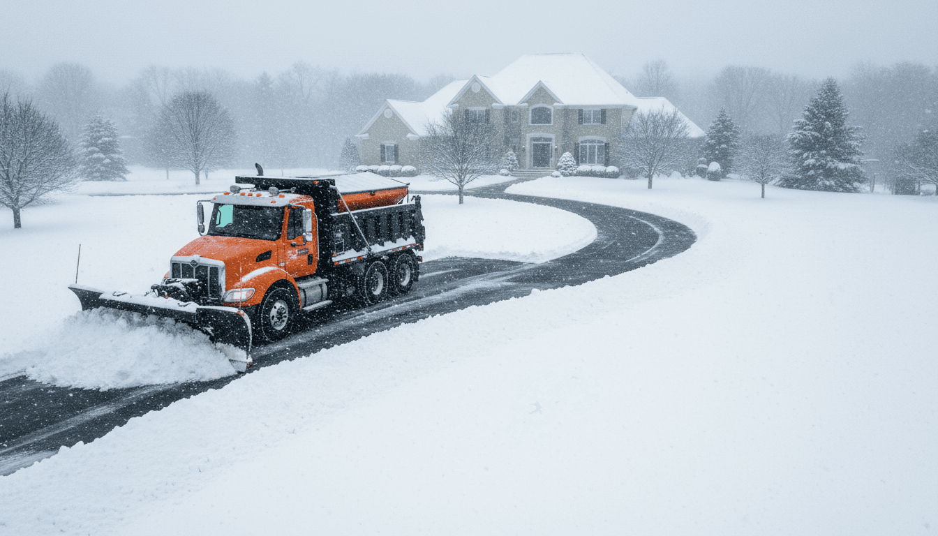 Snow plow truck clearing a residential driveway in winter