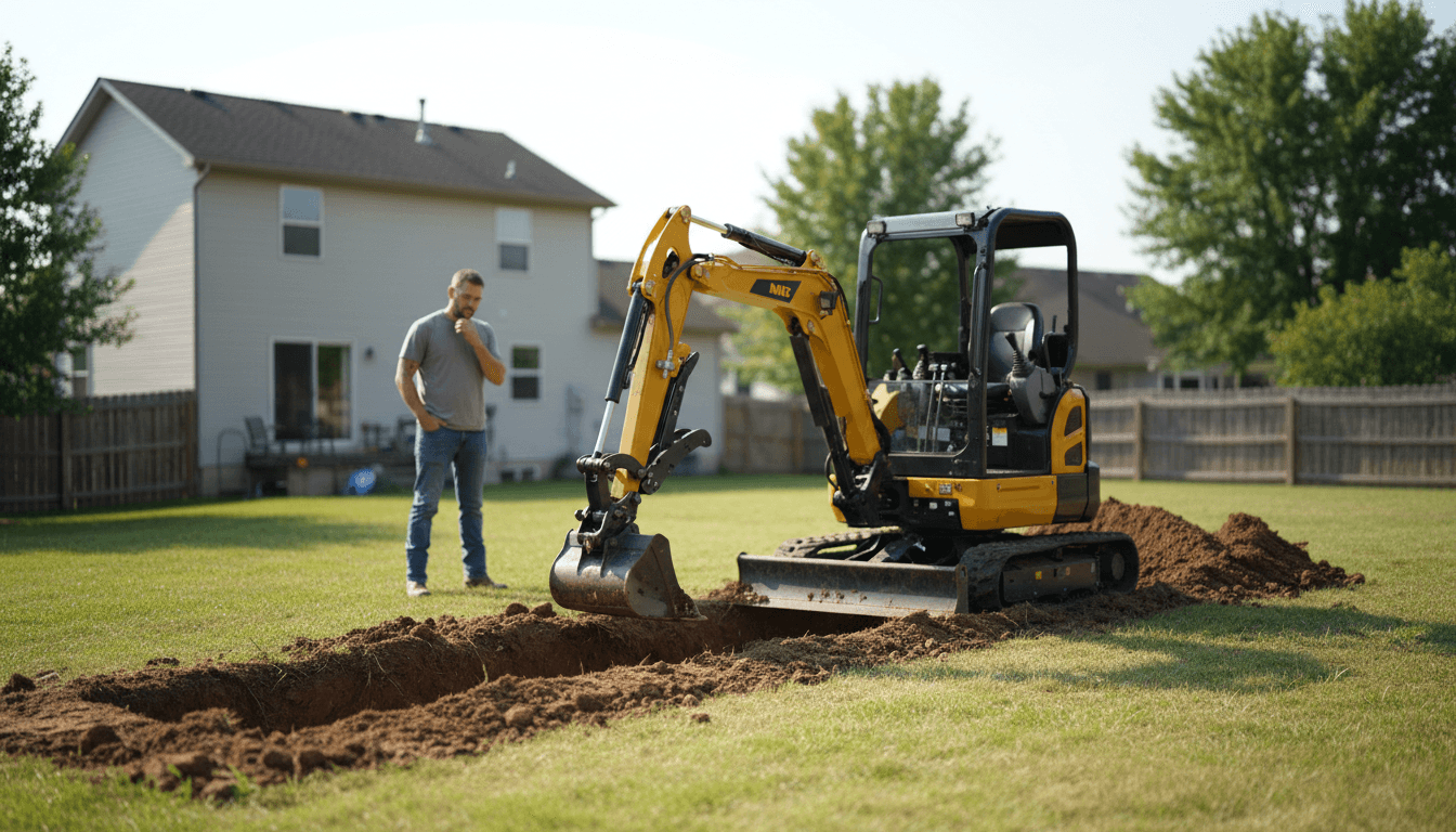 Construction worker operating a mini excavator on a residential job site