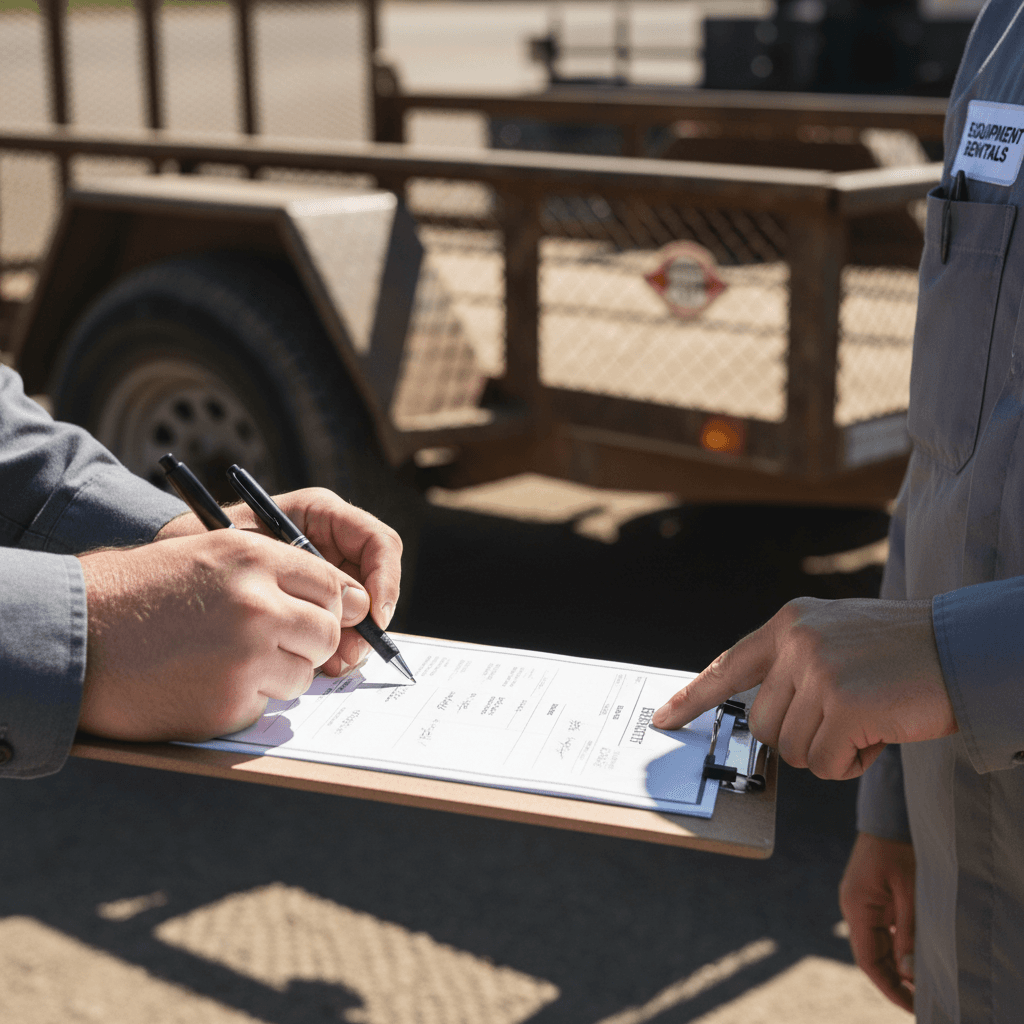Customer reviewing rental terms with equipment in the background