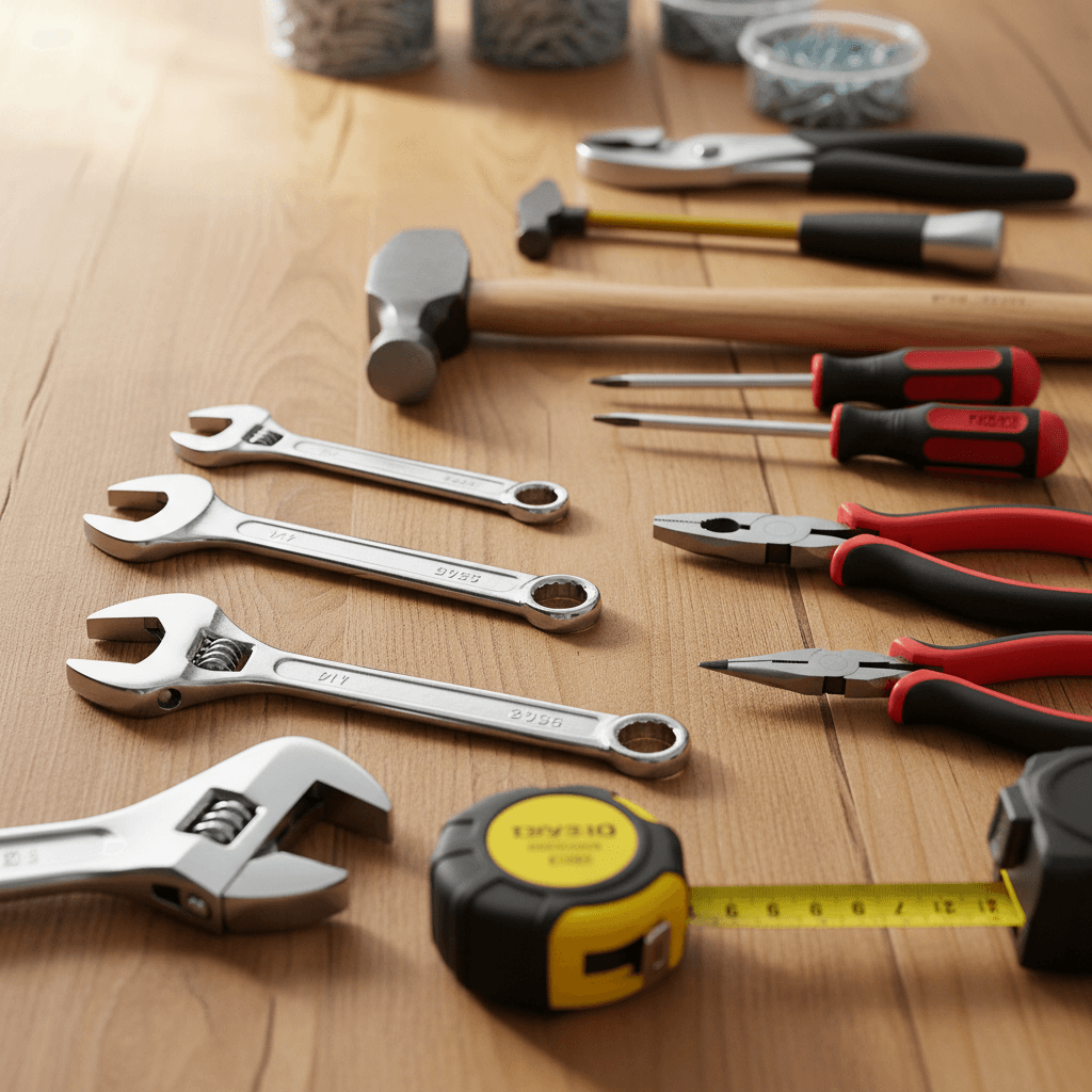 Power tools and hand tools laid out on a workbench in a workshop