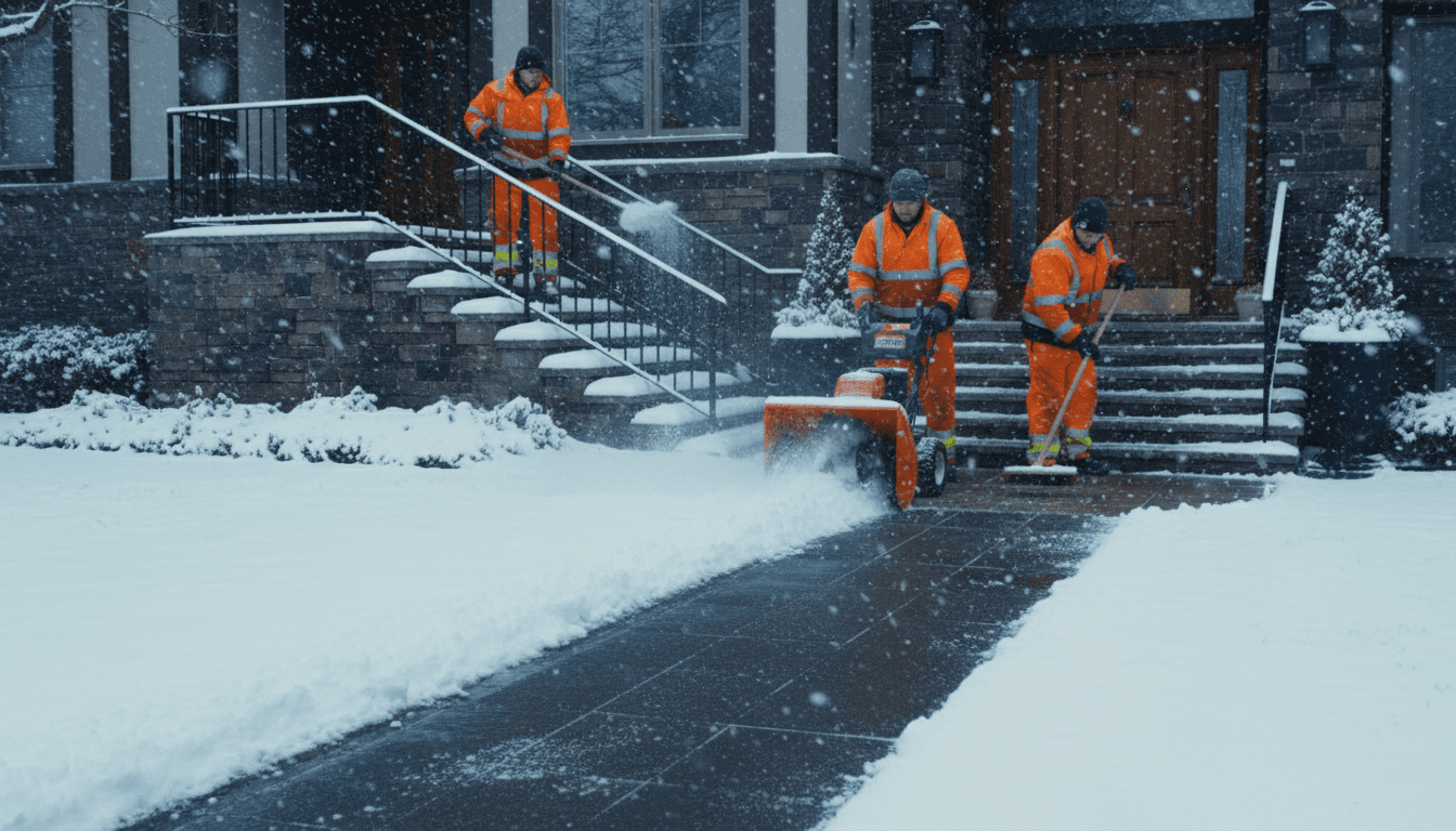 snow shoveled off a wooden front porch steps