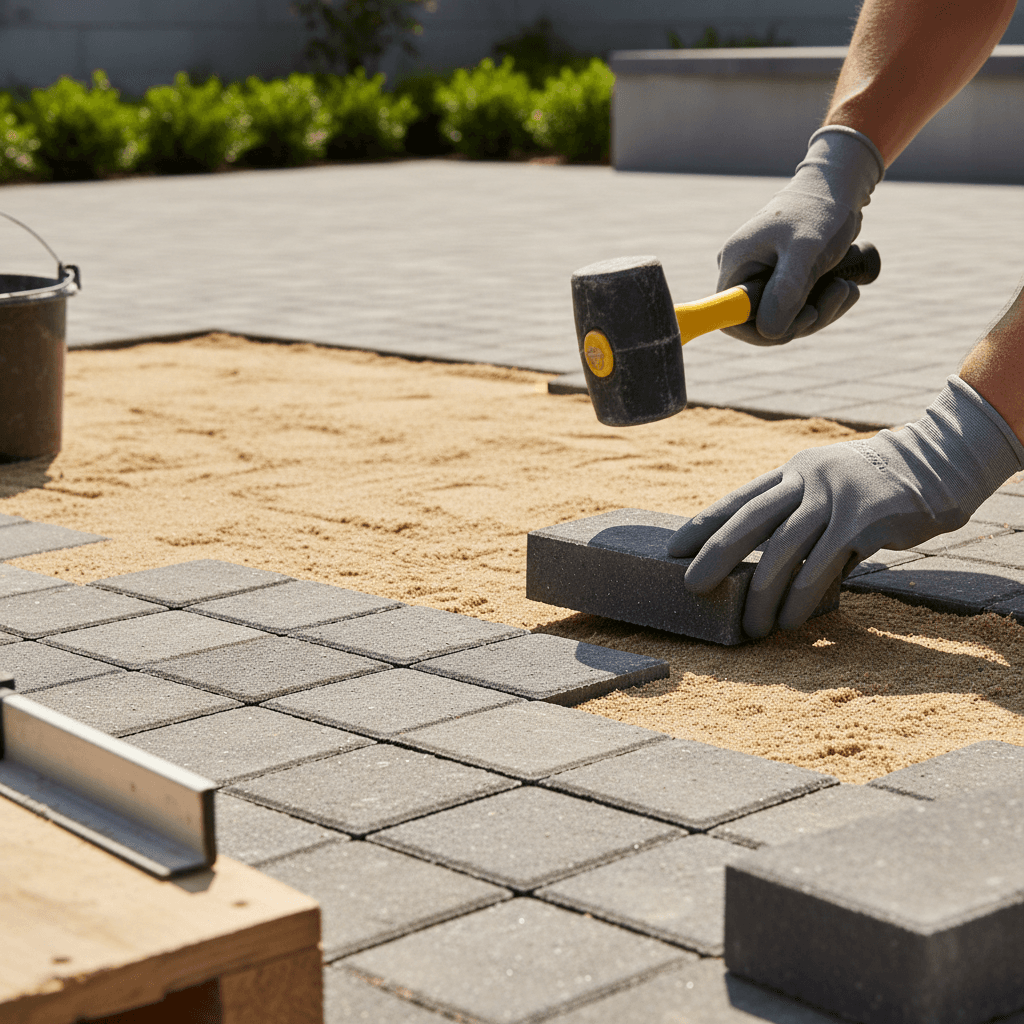 Plate compactor tamping down gravel base for a patio project