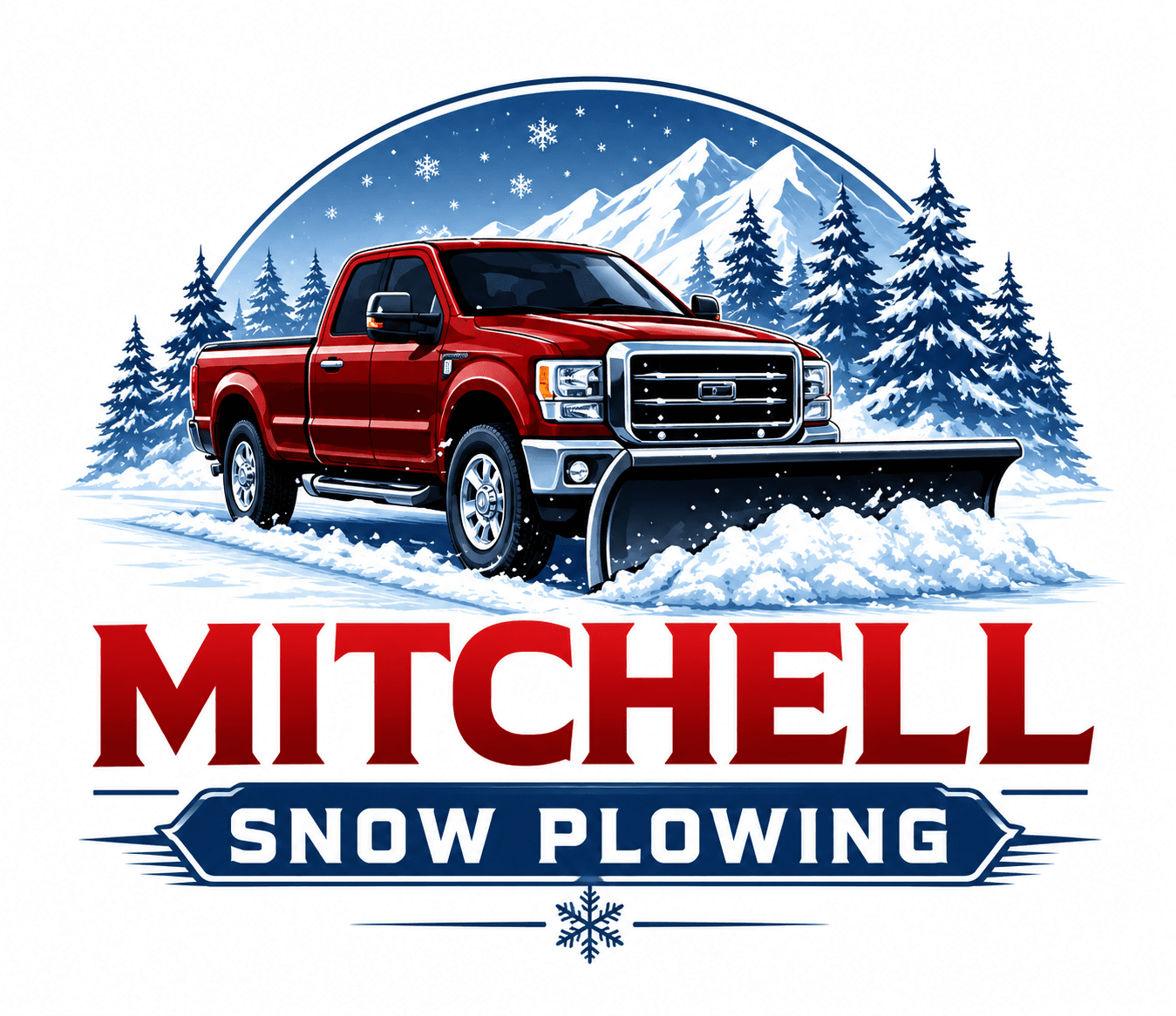 Mitchell Snow Plowing logo featuring a red truck clearing snow against a mountain backdrop.